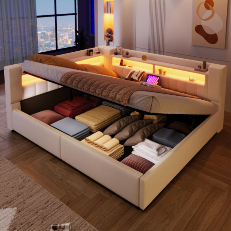 Canapé-lit coffre 140 x 200 cm - avec port USB Type-C - avec éclairage LED - beige (matelas non inclus)