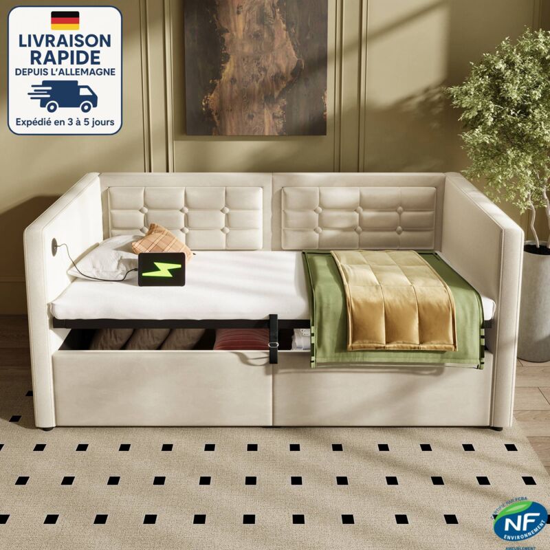 Canapé-Lit coffre 90 x 190cm - Lit rembourré avec sommier à lattes - Espace de stockage hydraulique et stations de charge USB et Type-C - lit