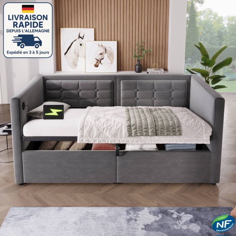 Canapé-Lit coffre 90 x 190cm - Lit rembourré avec sommier à lattes - Espace de stockage hydraulique et stations de charge usb et Type-C - lit