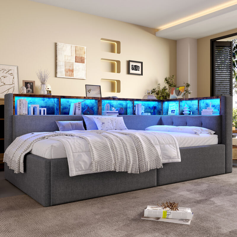 Canapé-lit coffre 90x200 cm - Avec ports USB + Type-C - Multiples rangements - Avec LED - Gris (matelas non inclus)