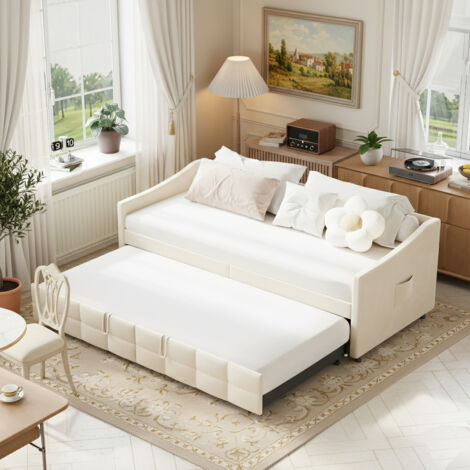 Canapé lit convertible 2 places 90x200 cm, canape lit rembourré avec sommier à lattes, canapé-lit gigogne, extensible, tissu velours, sans matelas, beige