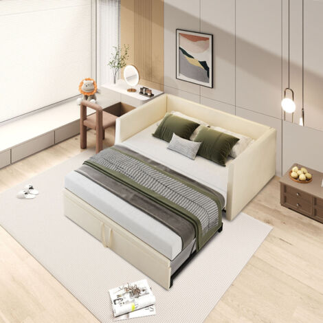 Canapé-lit convertible 90/180×200 cm, lit gigogne, lit multifonctionnel, lit rembourré avec sommier à lattes, velours beige
