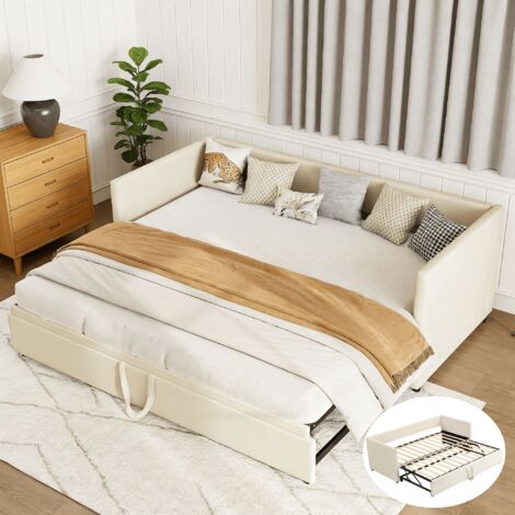 Canapé-lit convertible 90/180x200 cm, lit gigogne 2 places avec sommier à lattes et dossier rembourré, lit capitonné tissu en velours, sans matelas, beige