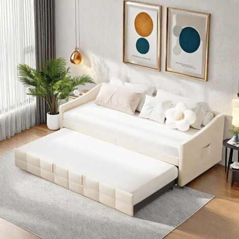 Canapé Lit Convertible 90 x 200–Lit gigogne extensible 90 x 200 cm–Lit simple en velours avec rangement–Sommier à Lattes–Beige–Salon/Chambre
