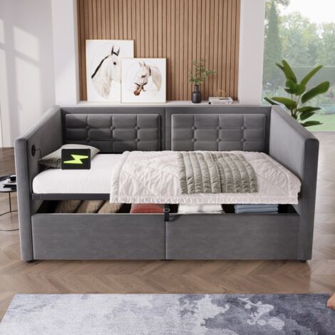 Canapé-lit convertible 90x190 en velours gris – Rangement hydraulique – Charge USB/Type-C – Support jusqu'à 159 kg