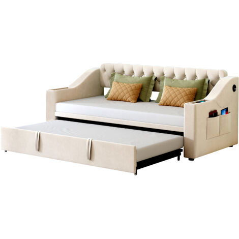 Canapé-lit convertible en velours beige 90x190 cm (180x190 cm déplié) avec rangement, ports USB/Type-C, sommier à lattes