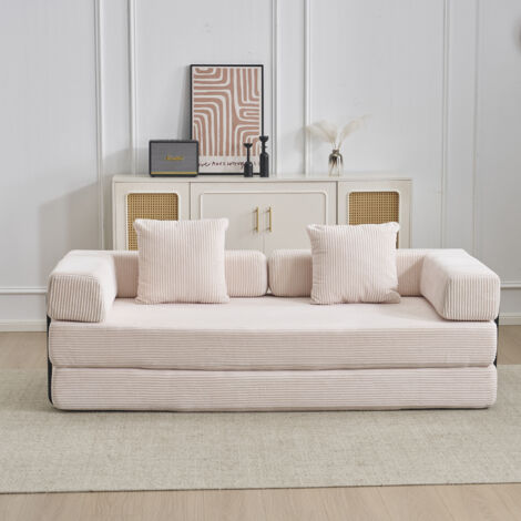 Canapé-lit convertible en velours côtelé, matelas pliant compact pour petits espaces, aucun assemblage requis, beige