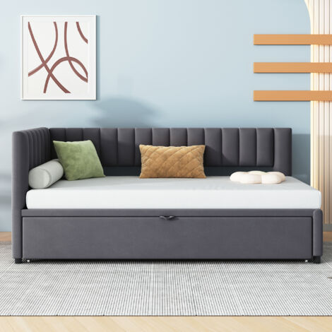 Canapé-lit convertible L-shaped 90x200 cm, extensible 180 cm - en velours gris