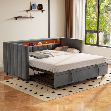 Canapé-lit convertible/lit enfant avec Lit gigogne 90x190 cm, velours , LED, USB Type-C, rangement ouvert, velours, sans matelas, gris foncé