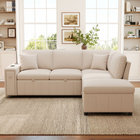 Canapé Lit D'Angle L-Shape 213x184cm - Convertible avec Lampe de Lecture - Ports USB et USB-C - Tissu Lin - Capacité 150kg/Siège - Beige
