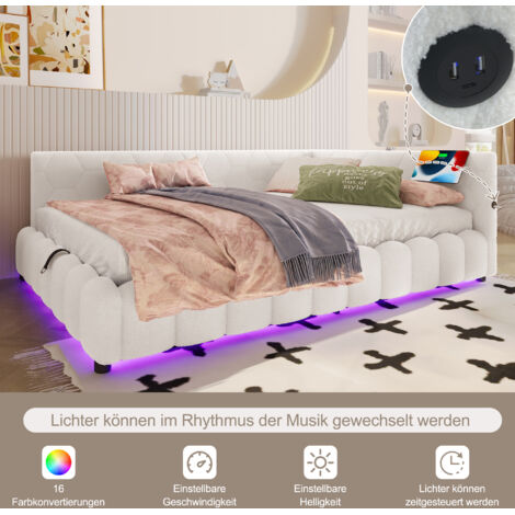 Canapé-lit de jour 90x200cm blanc en fausse polaire,cadre à lattes,éclairage LED,levage hydraulique et ports USB/Type-C.