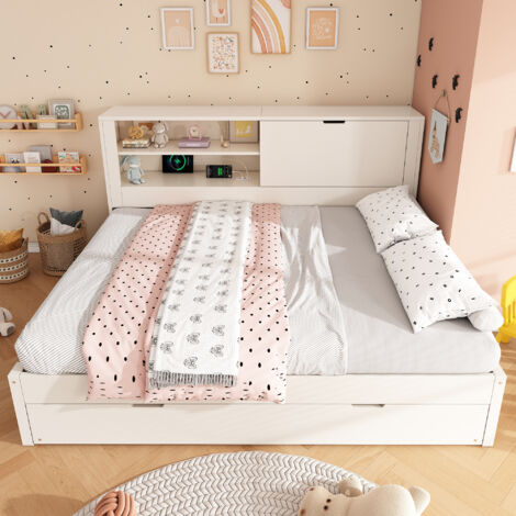 Canapé lit double 140x190 cm avec lit escamotable 90x190, tête de lit rangement, compartiment ouvert et caché, ports USB-USB-C, blanc