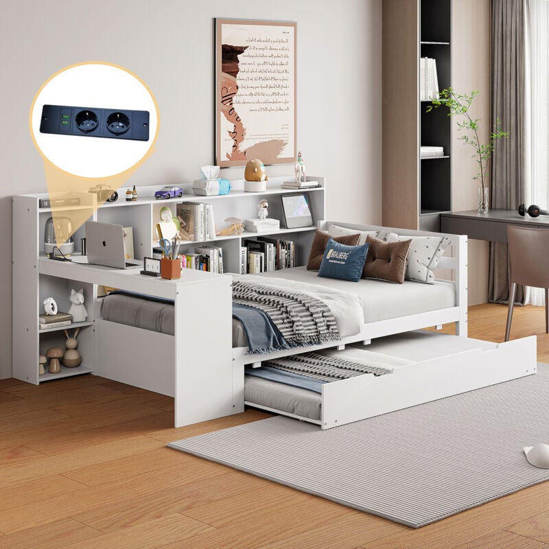 Okwish - Canapé-lit 90x200 cm lit simple adulte avec lit gigogne, rangements, étagères et prise de courant, en bois massif, blanc