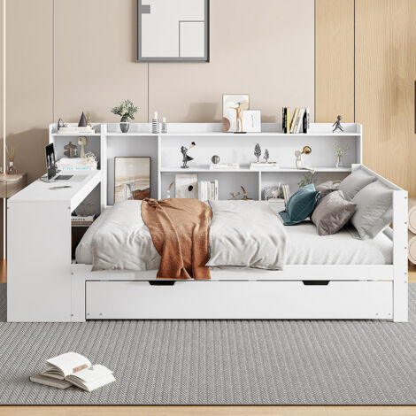 Canapé-lit en bois massif 140200 cm, avec bureau, étagères, compartiments de rangement, avec prises de courant, lit gigogne sous le lit, blanc