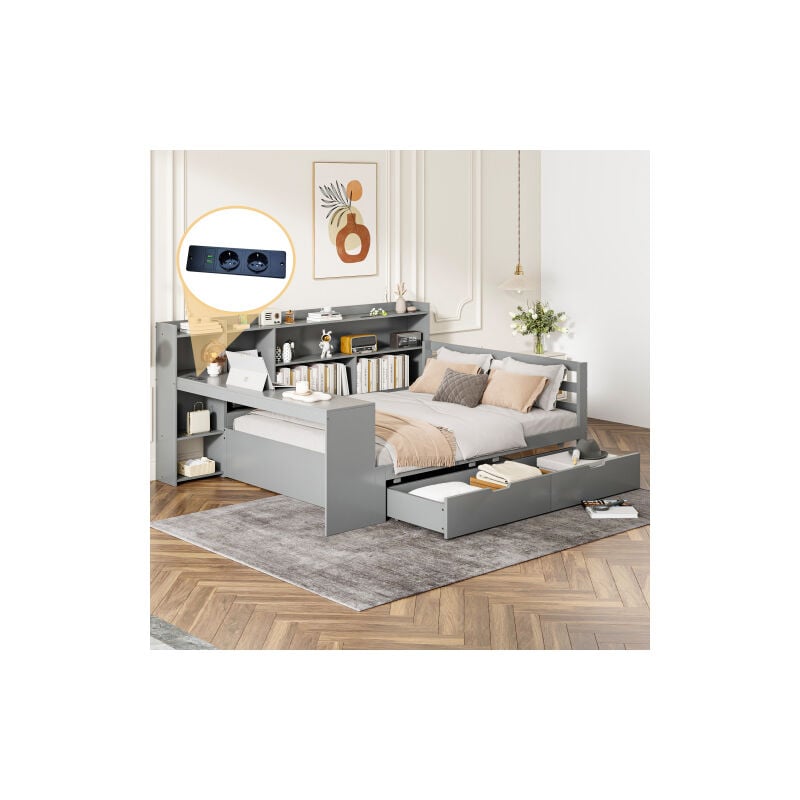 Wishdor - Canapé-lit en bois 140x200 cm avec bureau, bibliothèque, tiroirs, prise de courant, sans matelas, gris