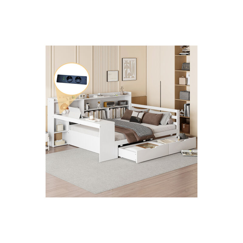Wishdor - Canapé-lit en bois 140x200 cm avec bureau, bibliothèque, tiroirs, prise de courant, sans matelas, blanc