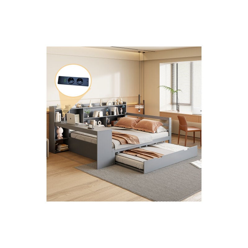 Wishdor - Canapé-lit en bois 140x200 cm avec lit gigogne, bureau, bibliothèque, prise de courant, sans matelas, gris