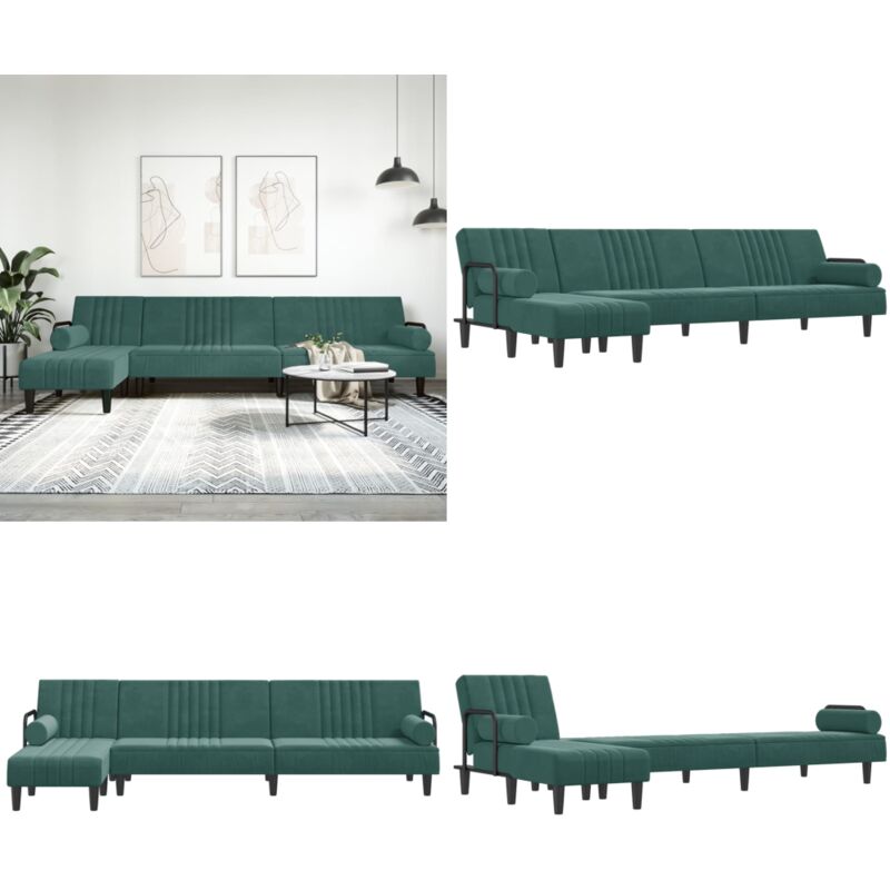 Vidaxl - Canapé-lit en forme de l vert foncé 260x140x70 cm velours - Canapé Convertible - Canapé Lit - Canapé Angle - Canapé Velours - Meuble Salon