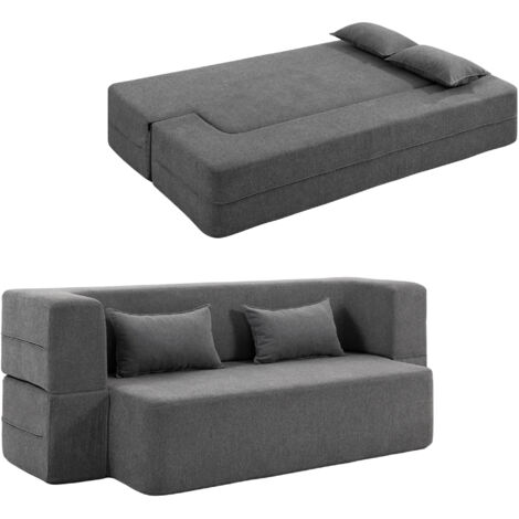 Canapé-lit en mousse 2 places, canapé-lit avec accoudoirs larges, 2 coussins, capacité de charge de 360 kg, gris