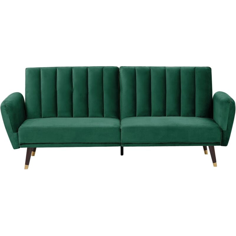 Beliani - Canapé 3 Places Convertible en Lit en Velours Vert Foncé avec Pieds Dorés Confortable et Décoratif pour Salon au Style Glamour Moderne