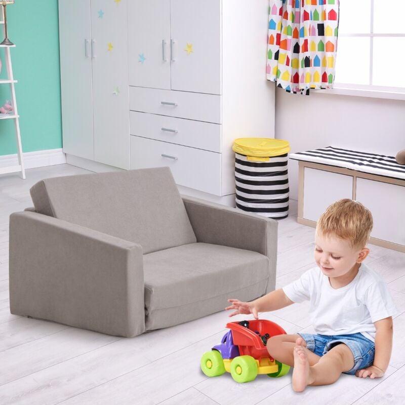 Canapé Lit Enfant 2 en 1 - 2 Place en Flanelle Textile avec Housse Amovible & Lavable Charge 50kg pour 18-36 Mois Gris design in