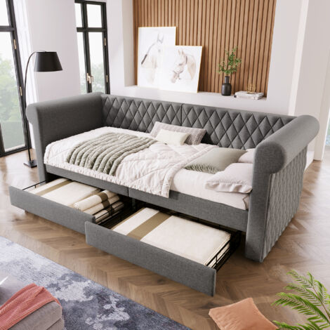 Canapé-lit enfant 2 tiroirs 90x200cm, sans matelas, lin, lit simple, gris