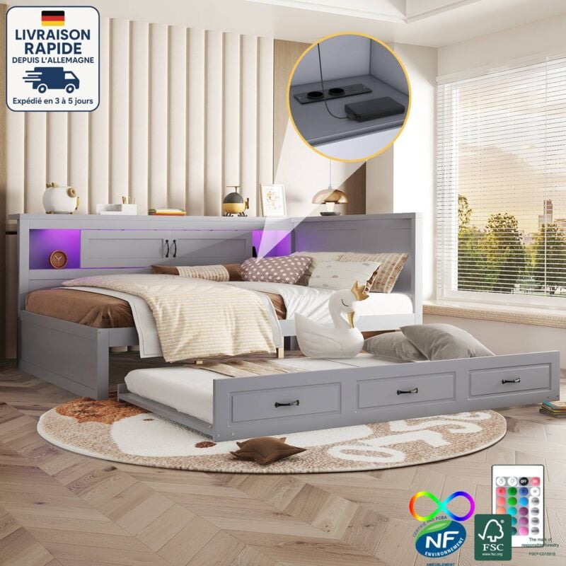 Modfu - Canapé-lit enfant 140x200 cm avec lit gigogne 90x190 cm, sans matelas, led, usb, panneaux de particules, gris