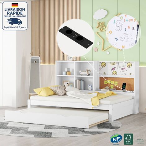 Canapé-lit enfant 90x200 cm avec lit gigogne, panneaux de particules, sans matelas, couchage simple, coffre de rangement ouvert, blanc