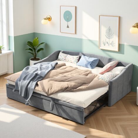 Canapé-Lit Escamotable, 90/180x200 cm, Lit Double Extensible, Sommier à Lattes, Tissu Velours Gris - Salon Chambre