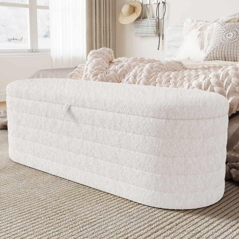 Canapé-lit et repose-pieds avec rangement 120 x 40 cm, repose-pieds rembourré avec rangement, tabouret de canapé, polaire peluche, blanc