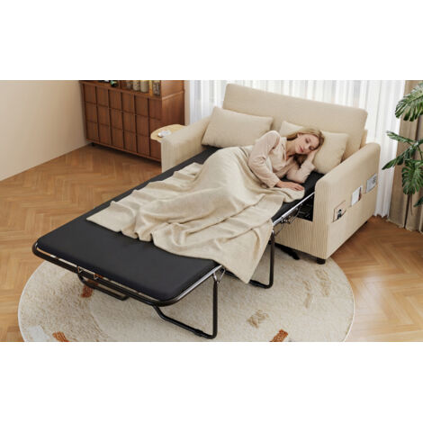 Canapé-lit extensible 2 places avec fonction couchage, port de charge USB, tablette latérale rabattable, matelas, deux draps et deux oreillers — Idéal pour salons et appartements, Beige.