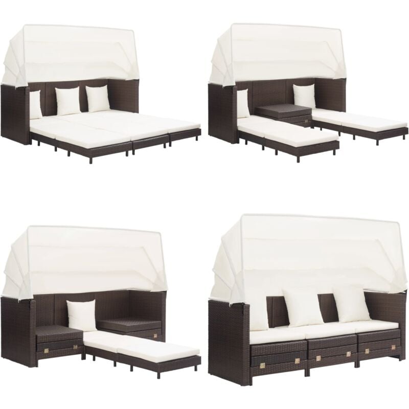 Canapé-lit extensible 3 places avec toit Résine tressée Marron - Canapé Extérieur - Canapé Convertible - Mobilier De Jardin - Salon De Jardin