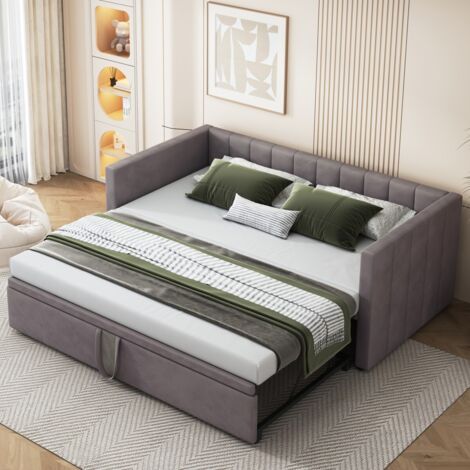 Canapé-lit extensible 90/180x200 cm capitonné velours gris avec sommier à lattes, lit multifonctionnel (sans Matelas)
