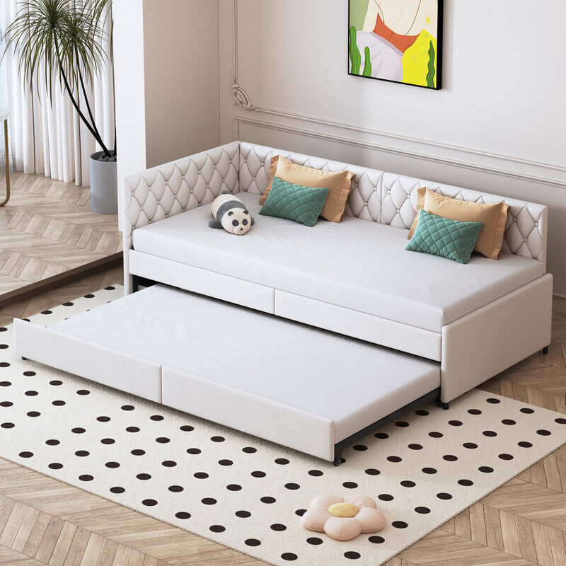 Canapé-lit rembourré convertible 90x200 cm - Dossier motif losange, velours beige, sommier à lattes - Lit d'appoint multifonction pour adolescent et