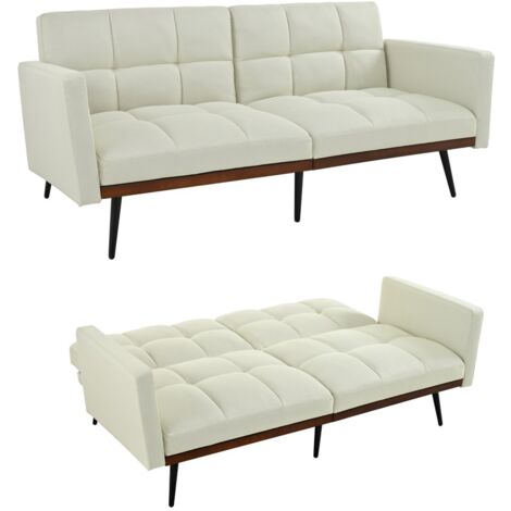 Canapé-lit futon 146x60x70 cm moderne milieu du siècle, dossier 5 positions, accoudoirs fixes, tissu lin beige, pieds métal