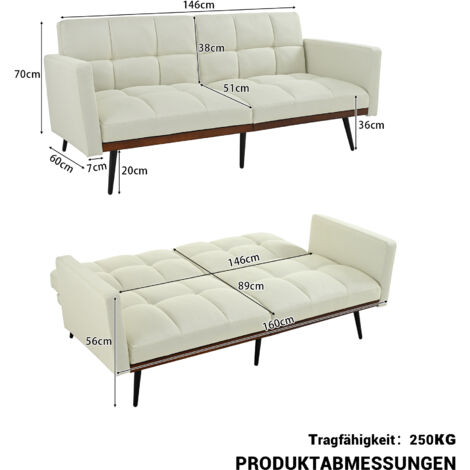 Canapé-lit futon moderne du milieu du siècle en lin mélangé, 146 cm de large, dossier réglable en 5 positions et accoudoirs fixes, pieds en métal, beige