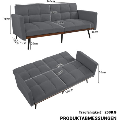 Canapé-lit futon moderne du milieu du siècle en lin mélangé, 146 cm de large, dossier réglable en 5 positions et accoudoirs fixes, pieds en métal, gris