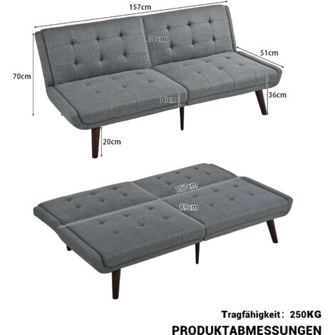 Canapé-lit futon pliable, 146 cm, dossier inclinable 5 positions, canapé deux places moderne pour petits espaces, lit d'appoint et salon, gris