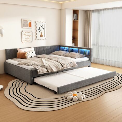 Canapé lit gigogne 140x200 cm convertible avec rangement, ports USB/Type C, LED, sommier à lattes, lin gris (sans matelas)