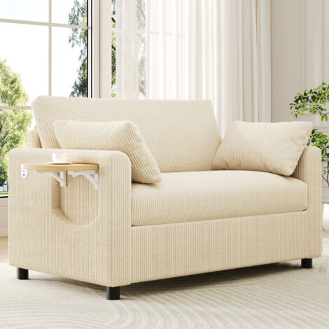 Canapé Lit Gigogne 2 Places 134x82x84 cm (134x223x84 cm déplié) - Tissu Corduroy - Matelas Inclus + 2 Draps - Tablette Rabattable - Beige