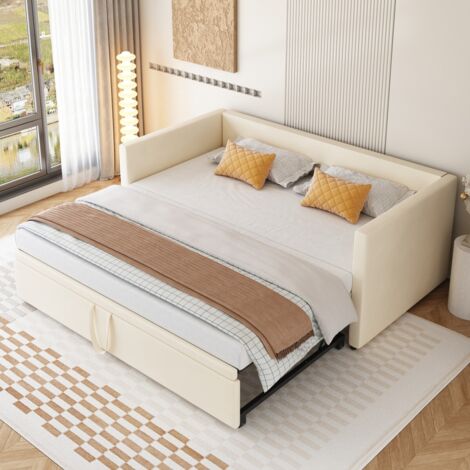 Canapé-lit gigogne 2 places 90/180x200cm, velours doux beige, sommier lattes inclus - Multifonction (sans matelas)