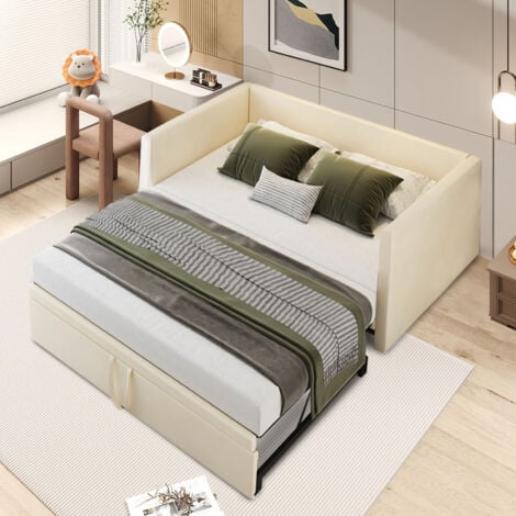 Canapé-lit gigogne 90/180x200,Lit rembourré  avec sommier à lattes, lit multifonctionnel en tissu velours doux pour la peau Beige