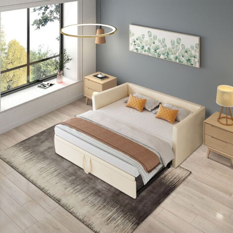 Canapé-lit gigogne 90/180x200,Lit rembourré avec sommier à lattes, lit multifonctionnel en tissu velours doux pour la peau Beige