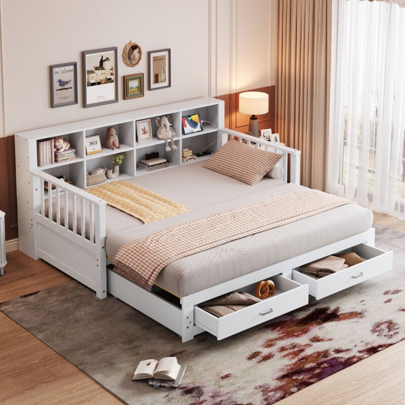 Okwish - Canapé-lit gigogne 90/180x190 cm avec prise de charge, 2 tiroirs et sommier à lattes, en bois massif, blanc