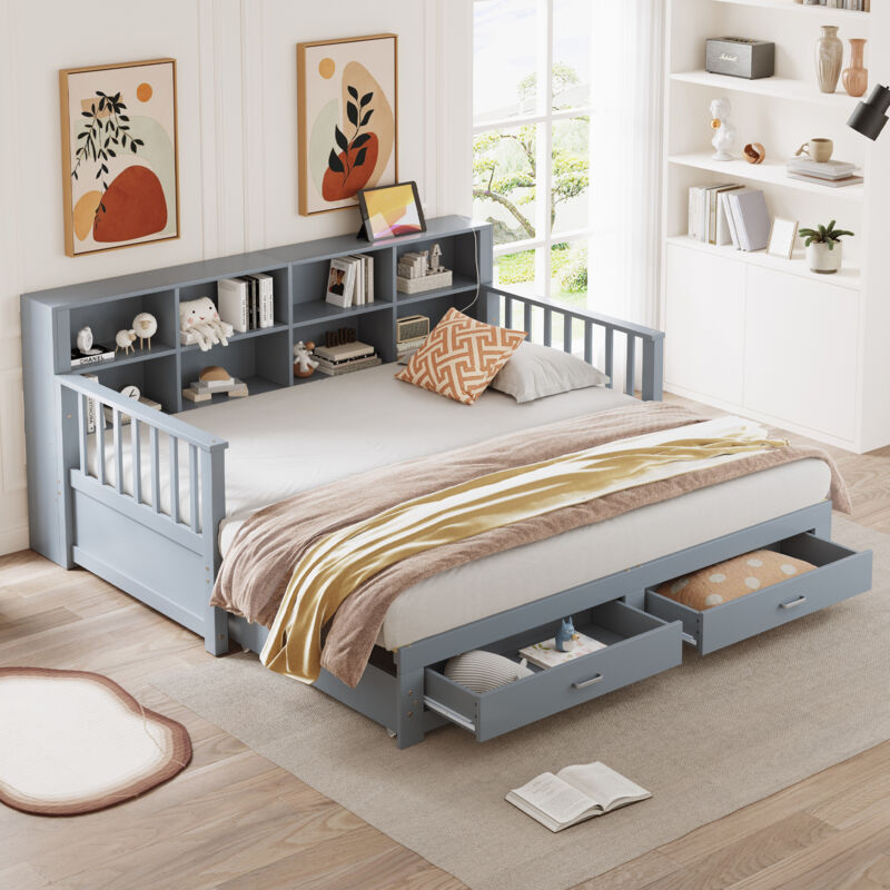 Canapé-lit gigogne 90/180x190 cm avec prise de charge, 2 tiroirs et sommier à lattes, en bois massif, gris