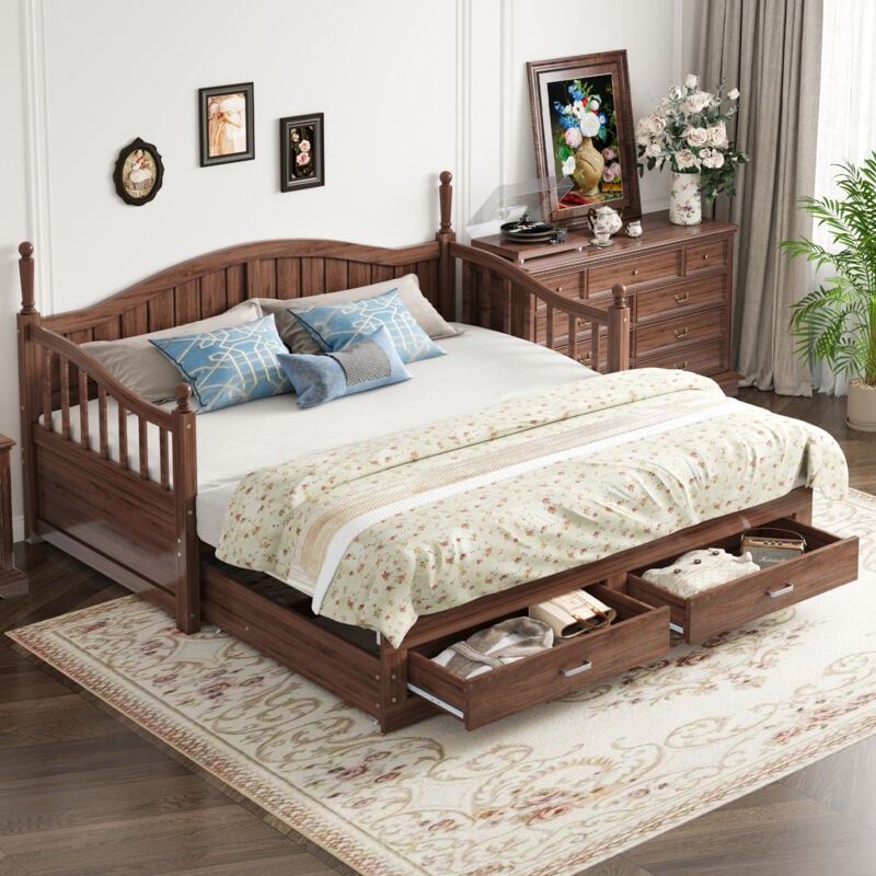 Okwish - Canapé-lit 90/180x190 cm lit double avec lit gigogne, dossier, accoudoirs incurvés, tiroirs et sommier à lattes, en bois massif, noyer