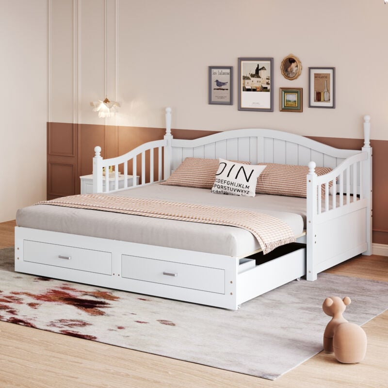 Okwish - Canapé-lit 90/180x190 cm lit double avec lit gigogne, dossier, accoudoirs incurvés, tiroirs et sommier à lattes, en bois massif, blanc