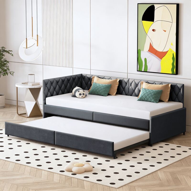 Canapé-lit gigogne 90/180x200 cm, lit capitonné canapé 2 places avec dossier rembourré et accoudoirs, lit multifonctionnel en velours, gris