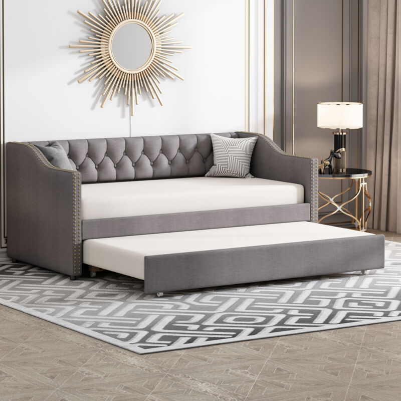 Sureh - canapé lit gigogne 90/180x200cm, canapé lit rembourré, lit multifonctionnel en tissu lin avec dossier,accoudoirs,décoration de rivets,sommier