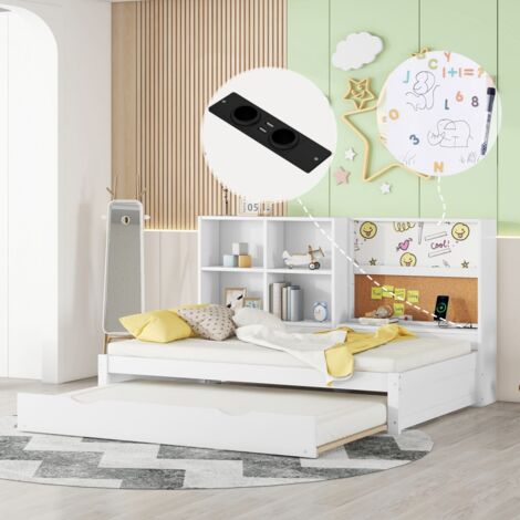 Canapé-lit gigogne 90x200 cm, blanc, Lit simple avec planche à dessin, rangements et port USB. Meuble 3 en 1 pin (sans Matelas)